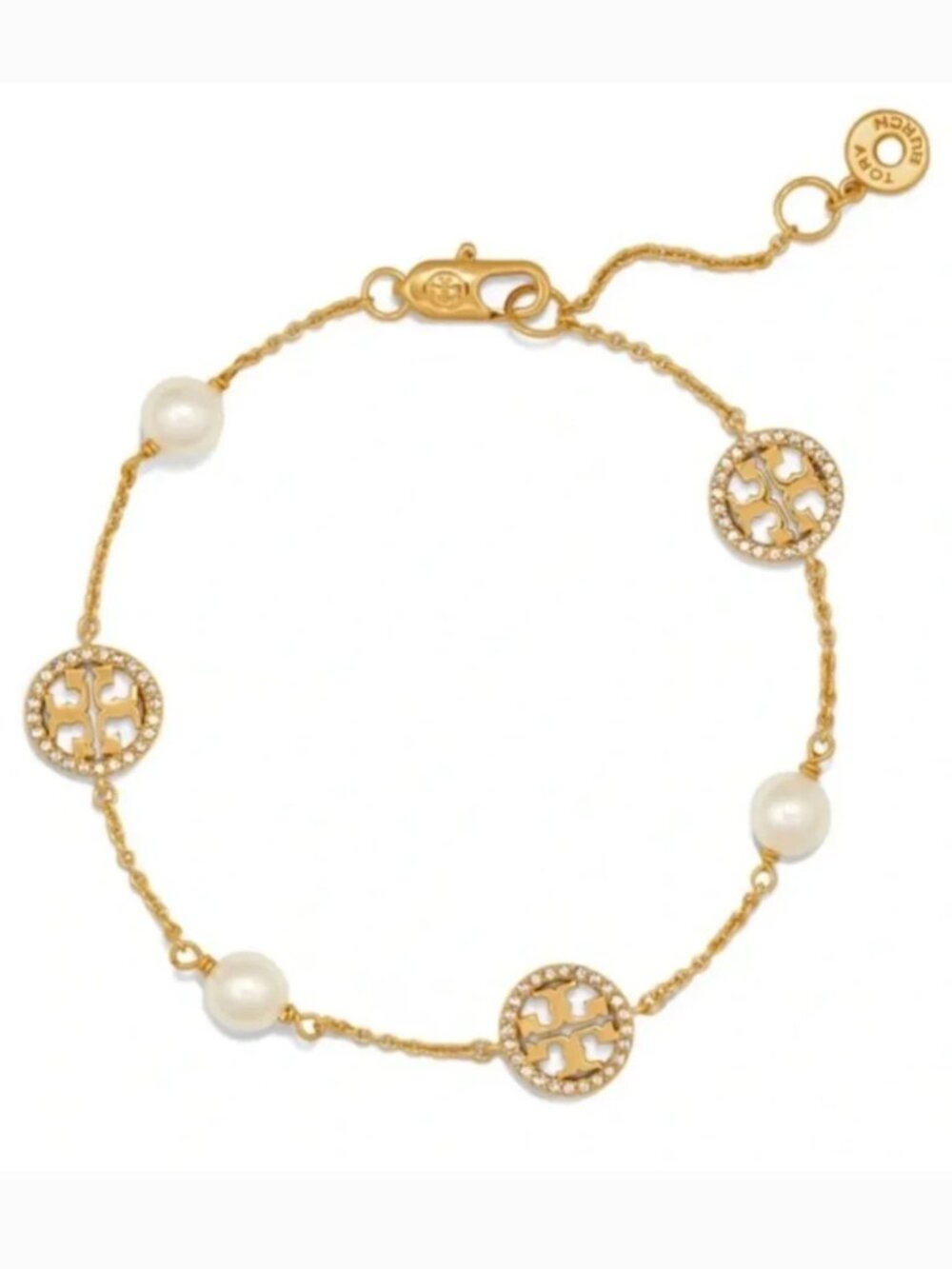 Tory Burch Miller Pearl & Crystal Logo Station Bracelet Gold Bracelet